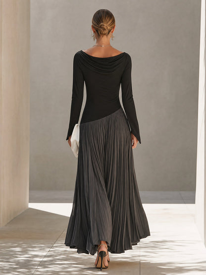 Vestido Maxi Plisado con Cuello Drapeado Bicolor Negro y Gris
