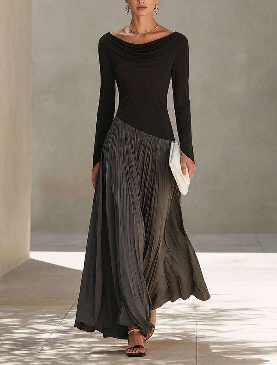 Vestido Maxi Plisado con Cuello Drapeado Bicolor Negro y Gris