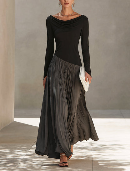 Vestido Maxi Plisado con Cuello Drapeado Bicolor Negro y Gris