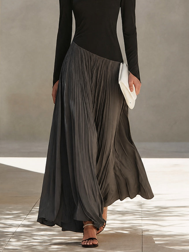 Vestido Maxi Plisado con Cuello Drapeado Bicolor Negro y Gris