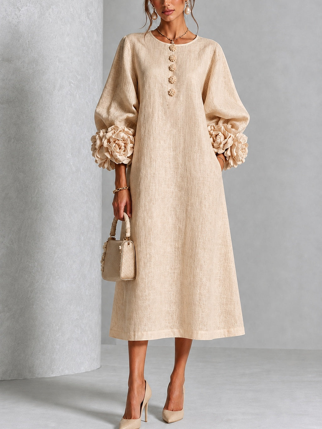 Vestido Midi Beige Floral con Botones y Mangas Florales Extravagantes