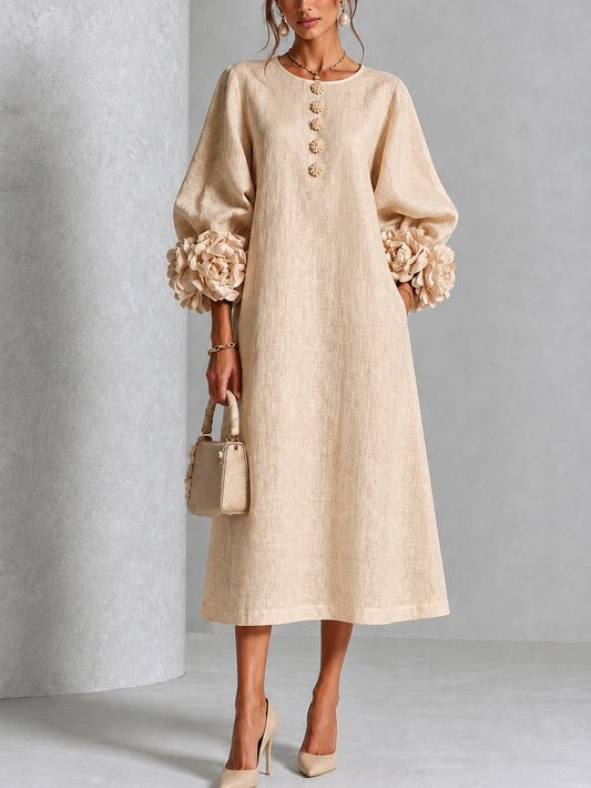 Vestido Midi Beige Floral con Botones y Mangas Florales Extravagantes