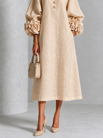 Vestido Midi Beige Floral con Botones y Mangas Florales Extravagantes