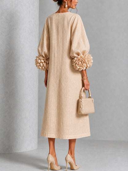 Vestido Midi Beige Floral con Botones y Mangas Florales Extravagantes