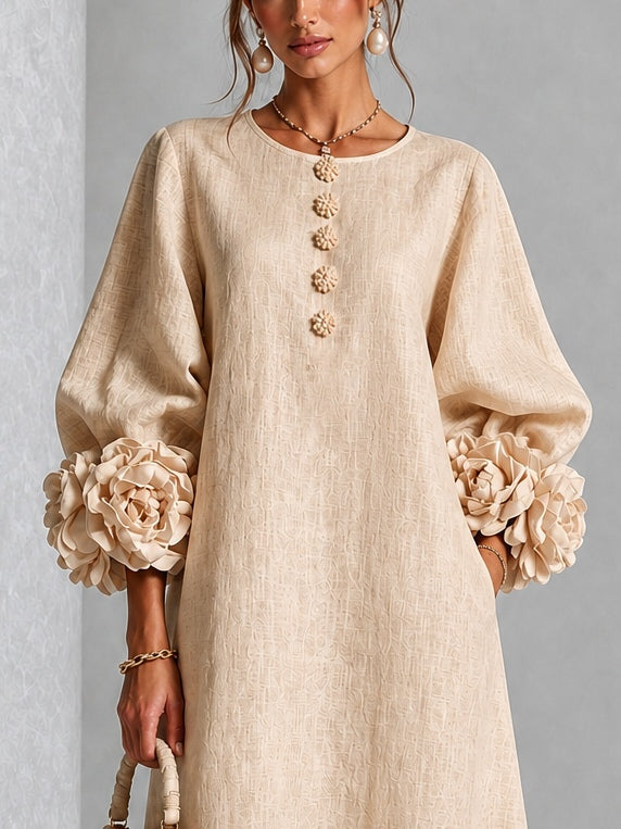 Vestido Midi Beige Floral con Botones y Mangas Florales Extravagantes