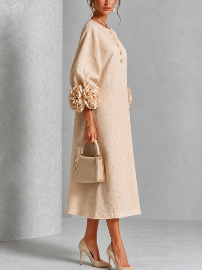 Vestido Midi Beige Floral con Botones y Mangas Florales Extravagantes