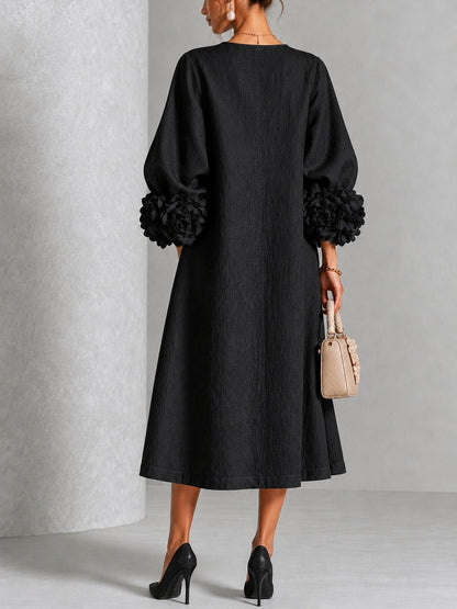 Vestido Midi Negro Floral con Botones y Mangas Florales Extravagantes