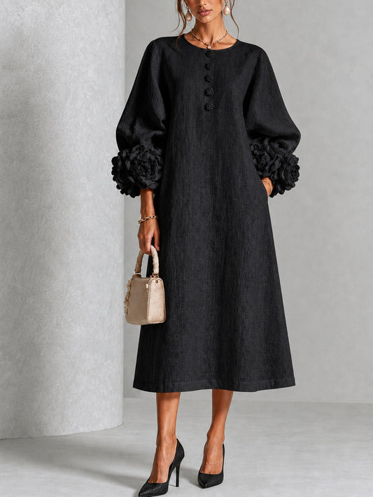 Vestido Midi Negro Floral con Botones y Mangas Florales Extravagantes