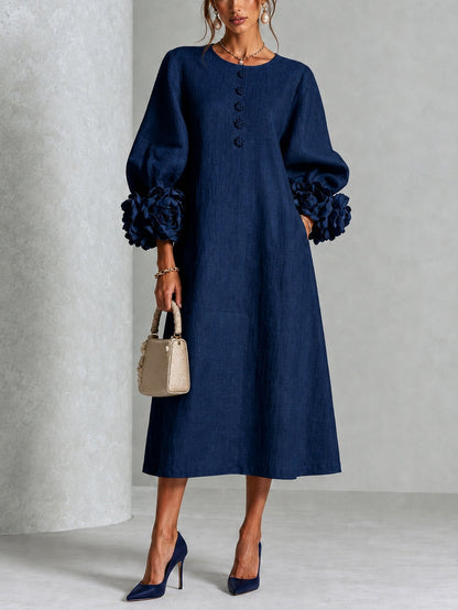 Vestido Midi Azul Navy con Botones de Flores y Mangas Florales Extravagantes