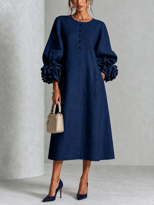 Vestido Midi Azul Navy con Botones de Flores y Mangas Florales Extravagantes
