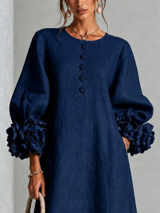 Vestido Midi Azul Navy con Botones de Flores y Mangas Florales Extravagantes