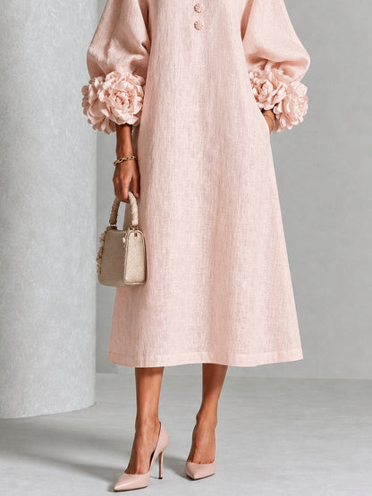Vestido Midi Rosa con Botones de Flores y Mangas Florales Extravagantes