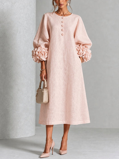 Vestido Midi Rosa con Botones de Flores y Mangas Florales Extravagantes