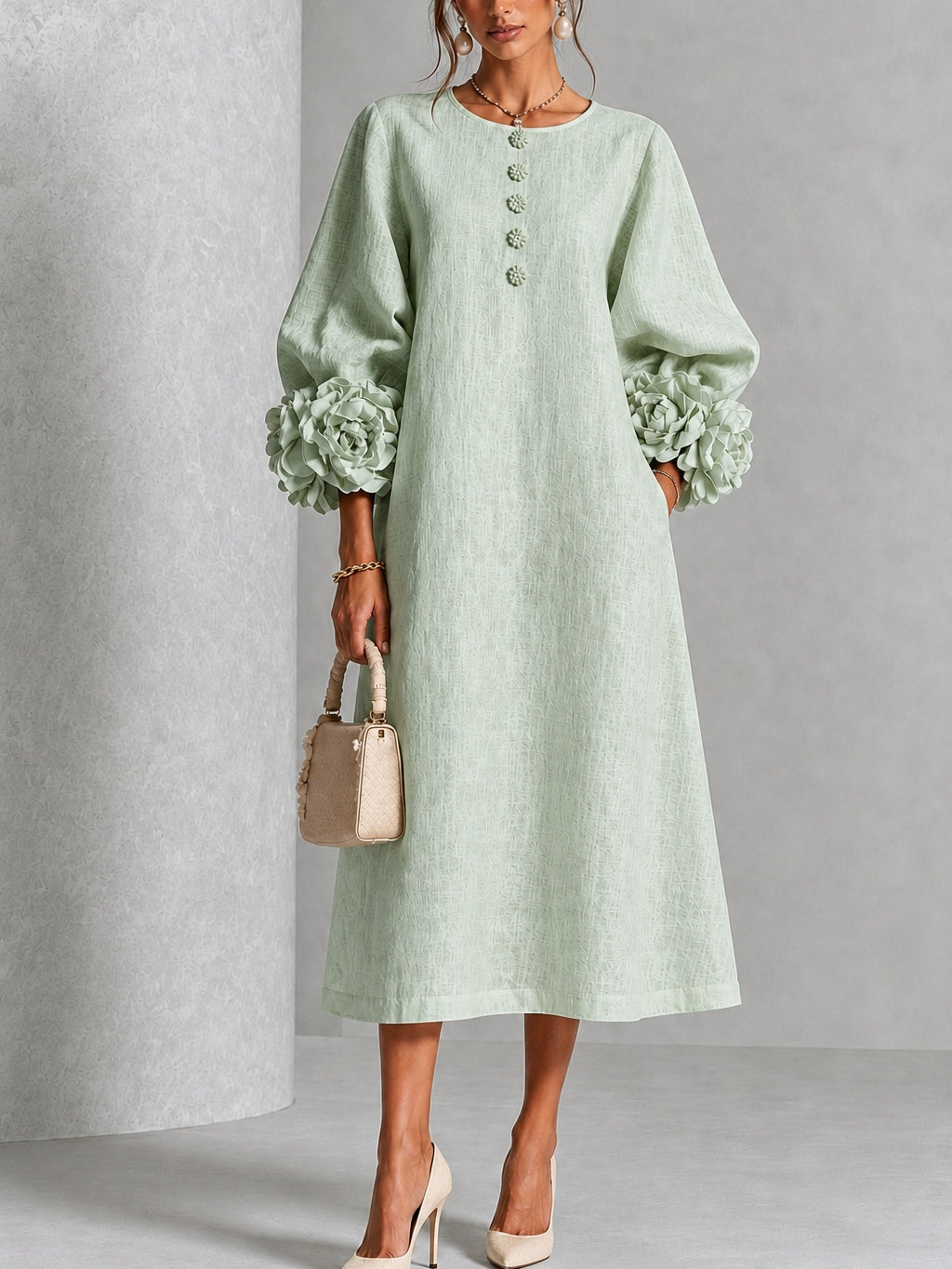 Vestido Midi Verde Salvia Místico con Botones de Flores y Mangas Florales Extravagantes