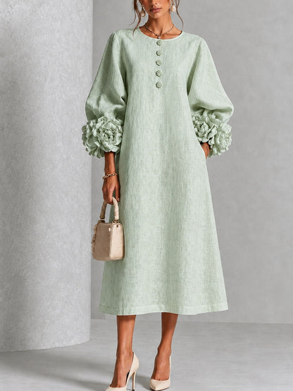 Vestido Midi Verde Salvia Místico con Botones de Flores y Mangas Florales Extravagantes