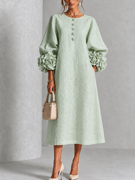 Vestido Midi Verde Salvia Místico con Botones de Flores y Mangas Florales Extravagantes