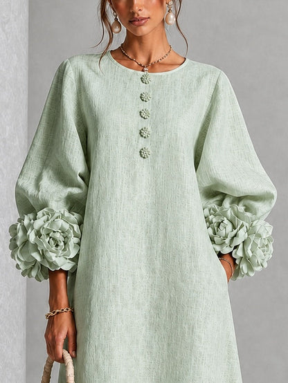 Vestido Midi Verde Salvia Místico con Botones de Flores y Mangas Florales Extravagantes