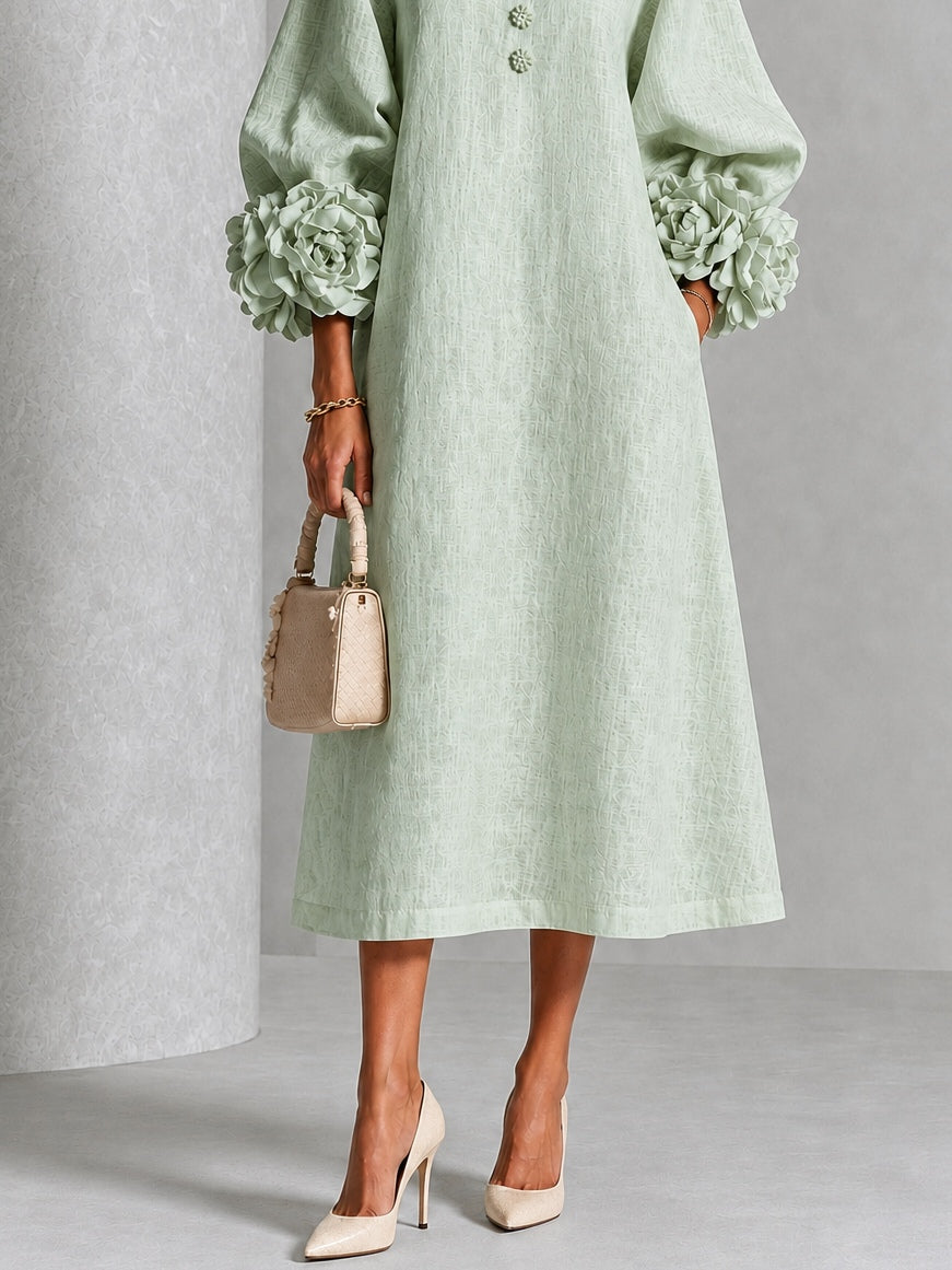 Vestido Midi Verde Salvia Místico con Botones de Flores y Mangas Florales Extravagantes