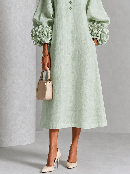 Vestido Midi Verde Salvia Místico con Botones de Flores y Mangas Florales Extravagantes