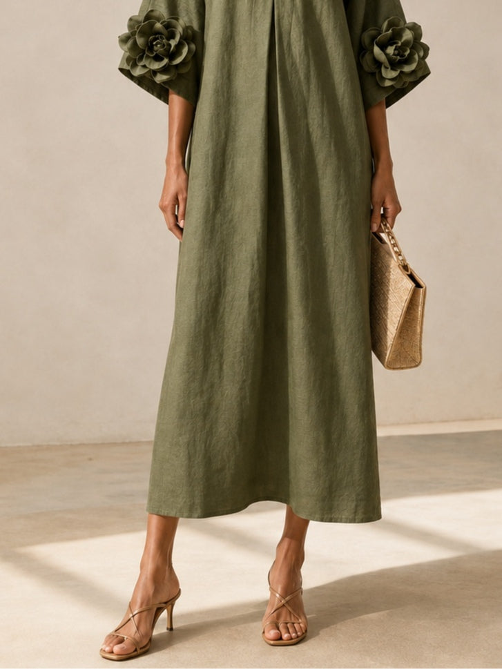 Vestido Midi Verde Oliva con Escote en V y Mangas Florales Extravagantes