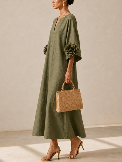 Vestido Midi Verde Oliva con Escote en V y Mangas Florales Extravagantes