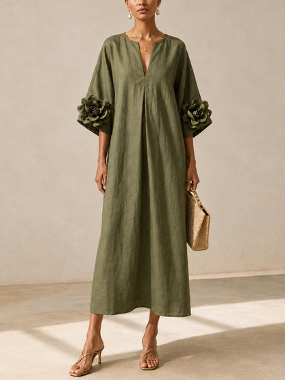 Vestido Midi Verde Oliva con Escote en V y Mangas Florales Extravagantes