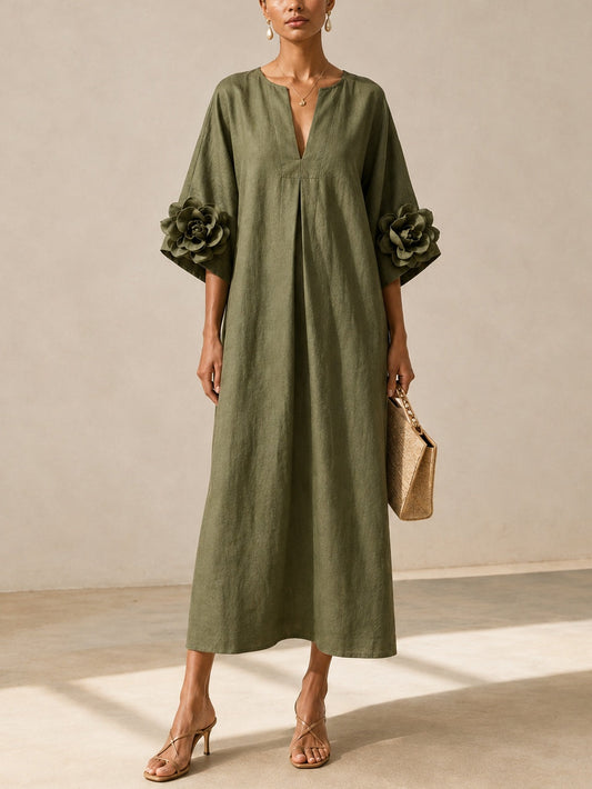 Vestido Midi Verde Oliva con Escote en V y Mangas Florales Extravagantes