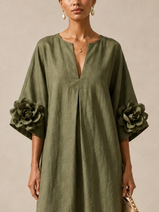 Vestido Midi Verde Oliva con Escote en V y Mangas Florales Extravagantes