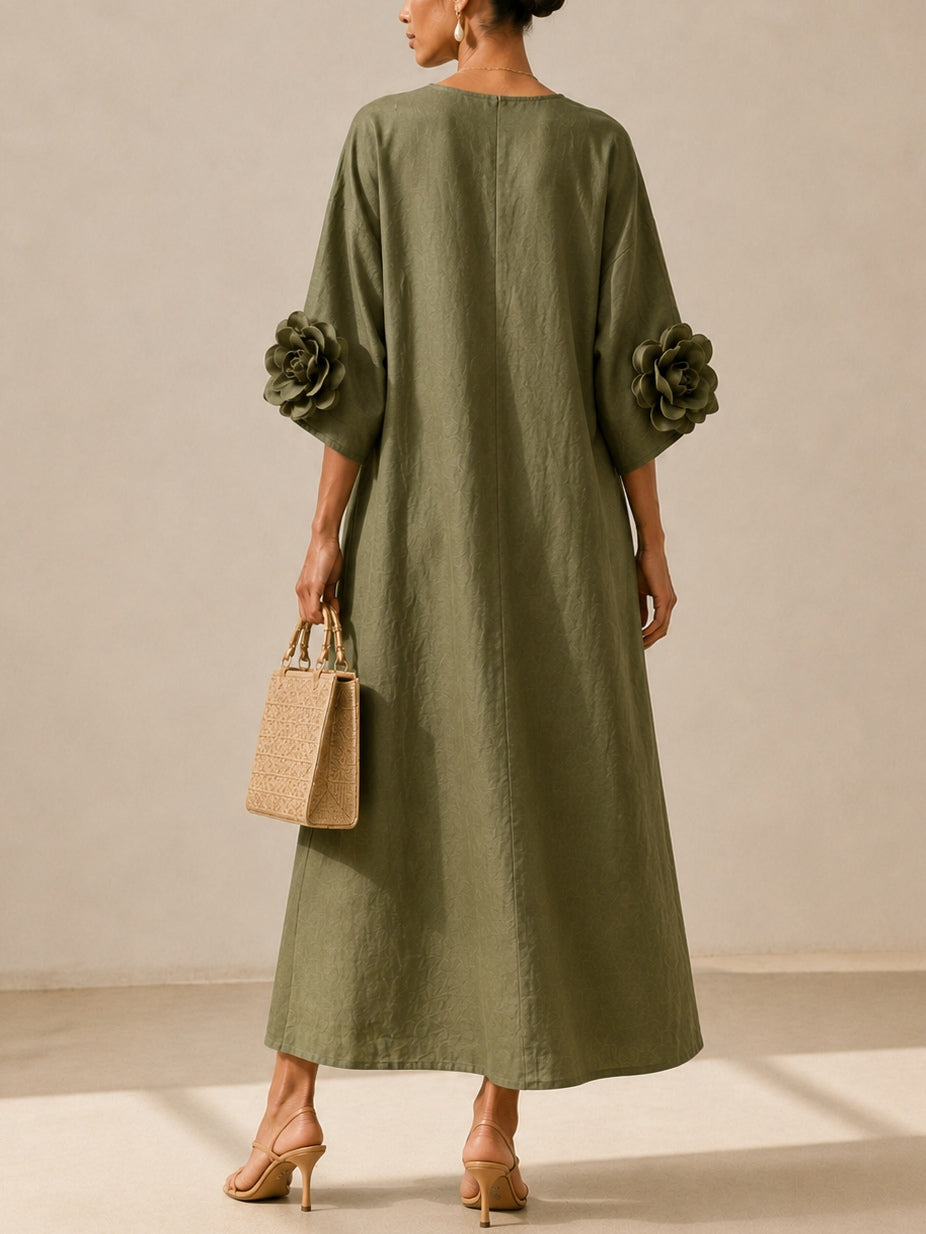 Vestido Midi Verde Oliva con Escote en V y Mangas Florales Extravagantes