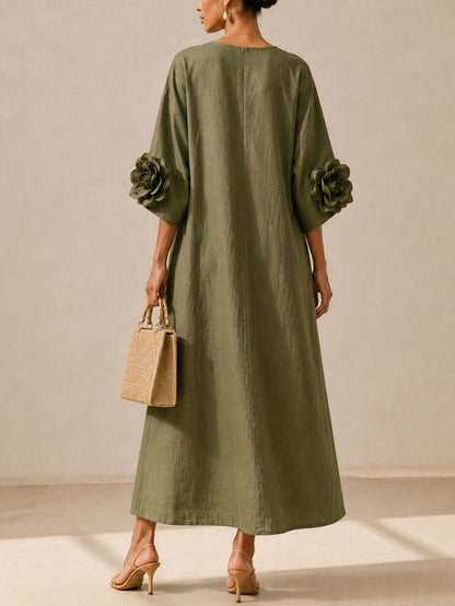 Vestido Midi Verde Oliva con Escote en V y Mangas Florales Extravagantes