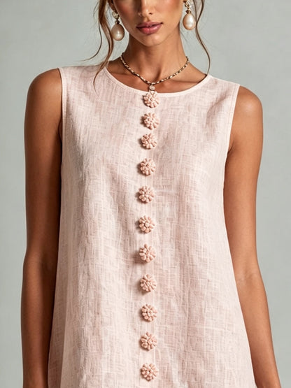 Vestido Mini Sin Mangas con Botones y Estampado Floral Rosa