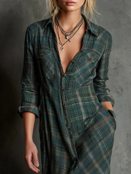 Vestido Largo Camisero con Solapa de Cuadros Verdes