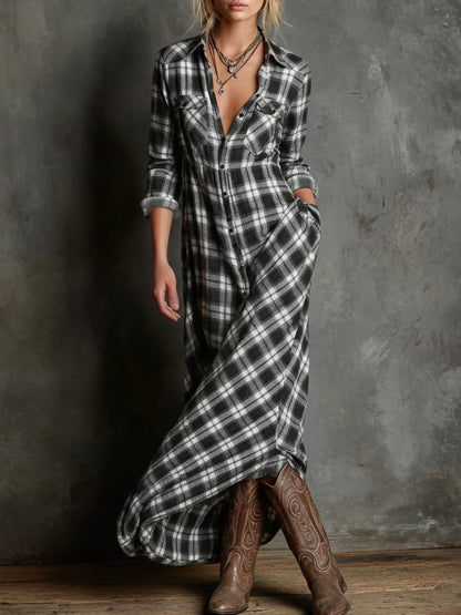 Vestido Largo Camisero con Solapa de Cuadros Verdes