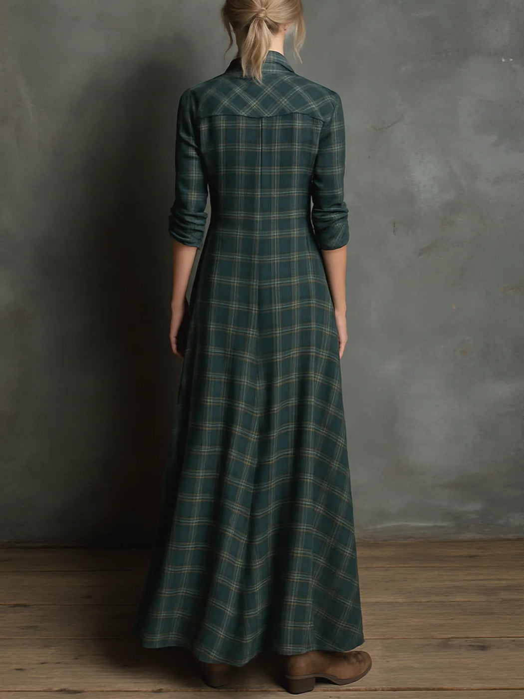 Vestido Largo Camisero con Solapa de Cuadros Verdes