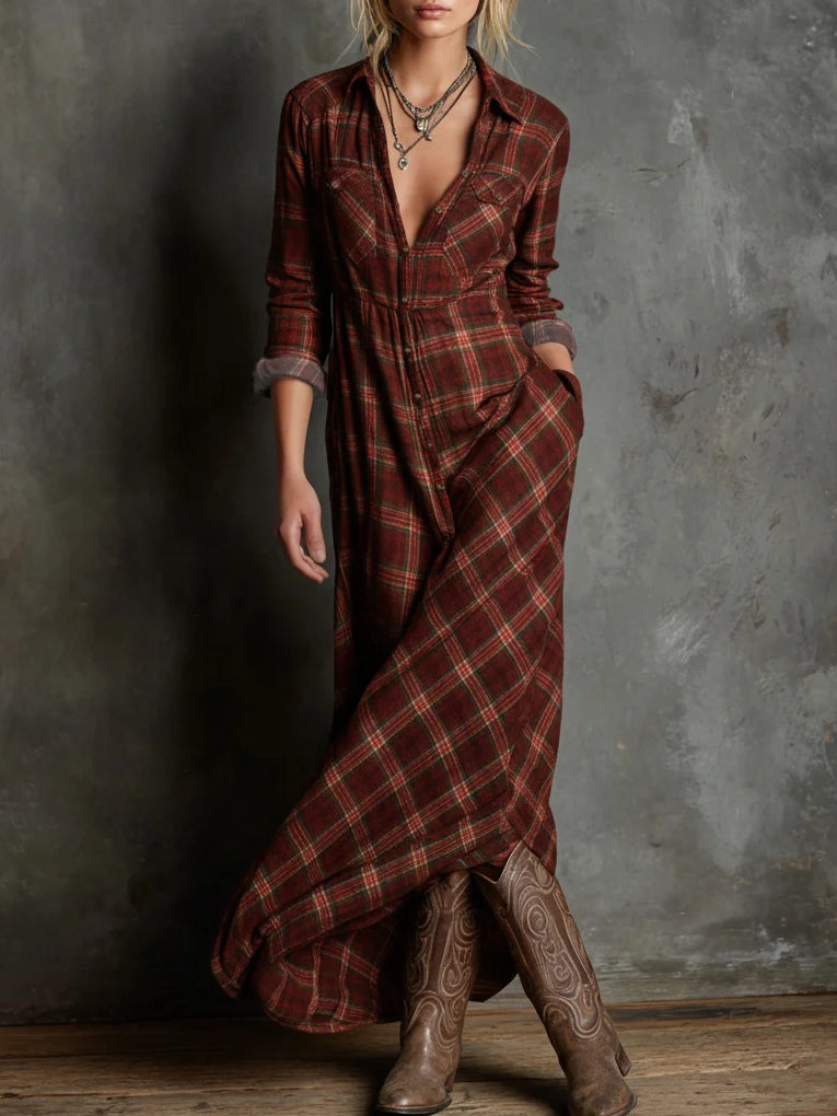 Vestido Largo Camisero con Solapa de Cuadros Verdes