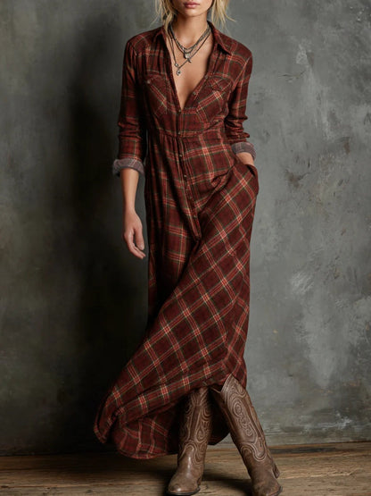 Vestido Largo Camisero con Solapa de Cuadros Verdes