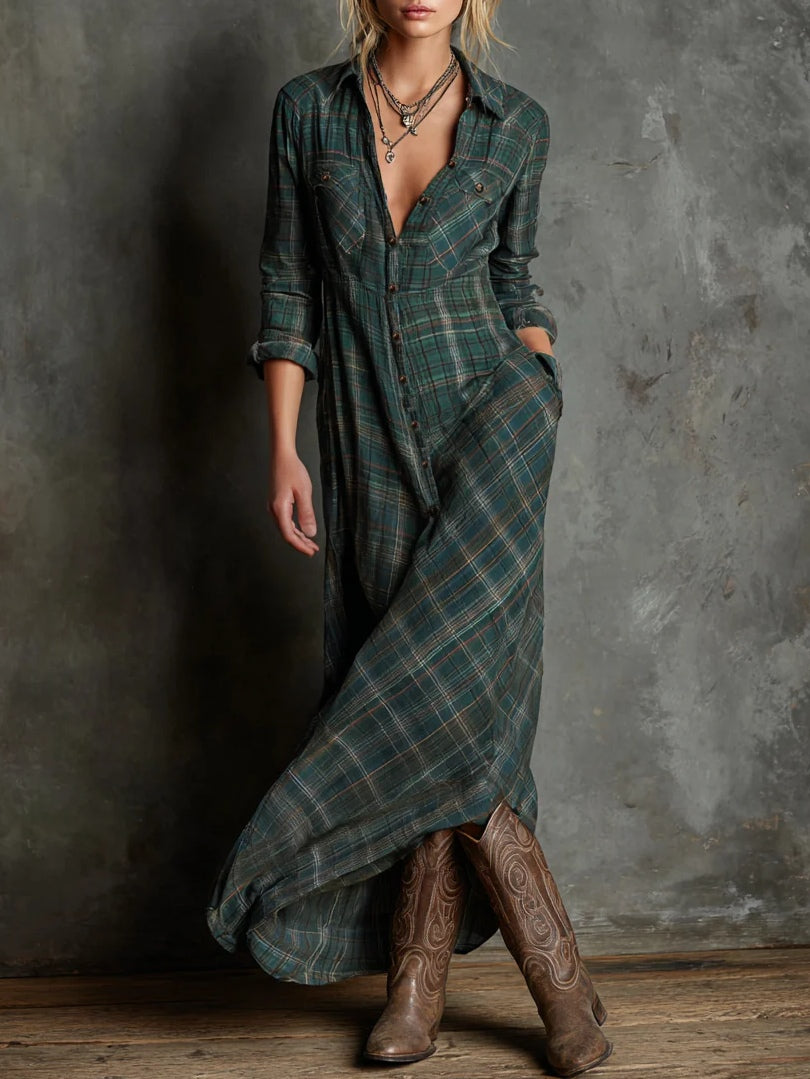 Vestido Largo Camisero con Solapa de Cuadros Verdes