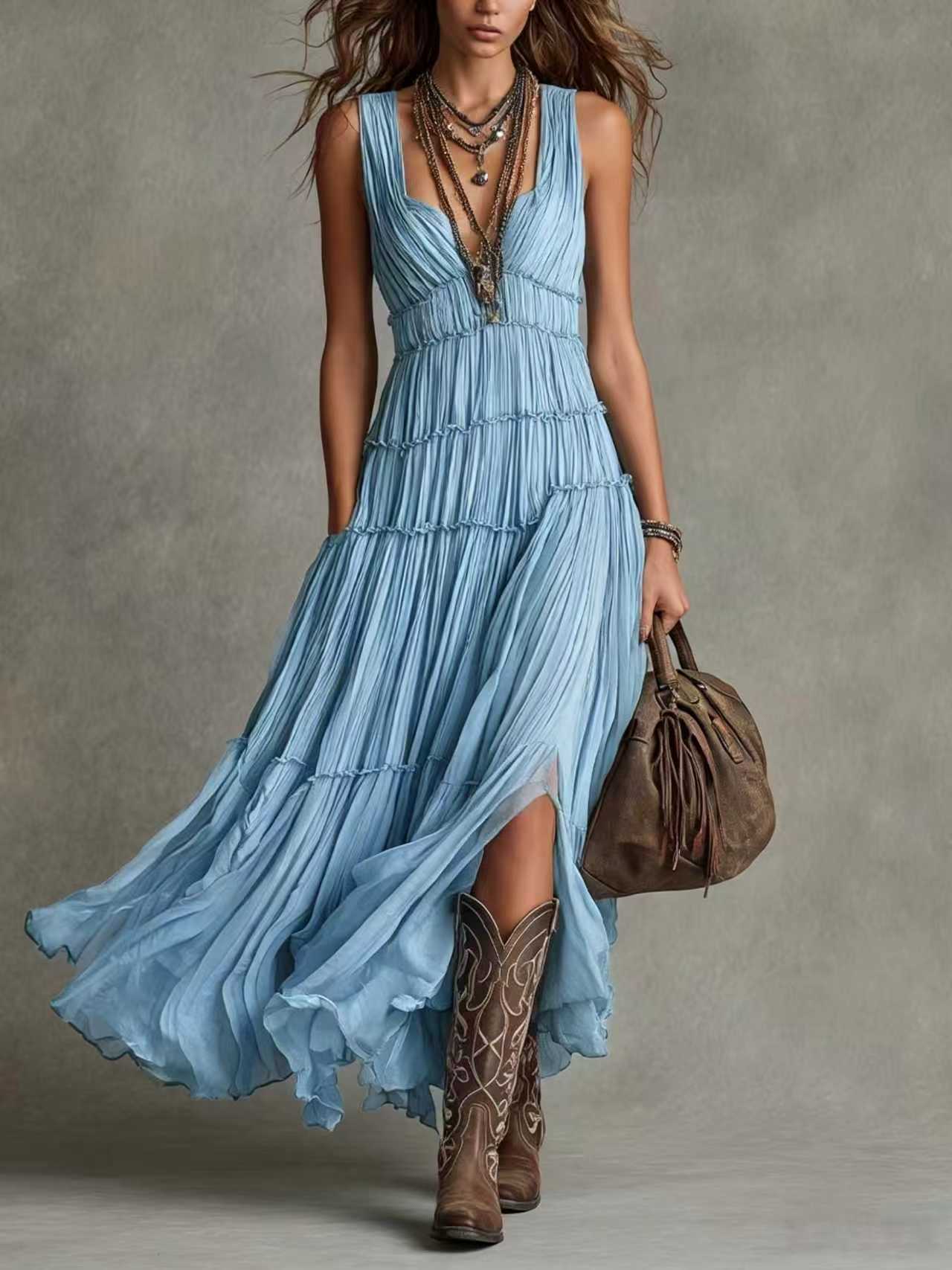 Rosalía | Vestido Maxi Plisado de Gasa Bohemio