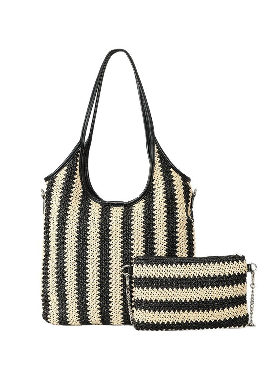 Bolso de Hombro en Paja Tejida con Rayas Contrastantes