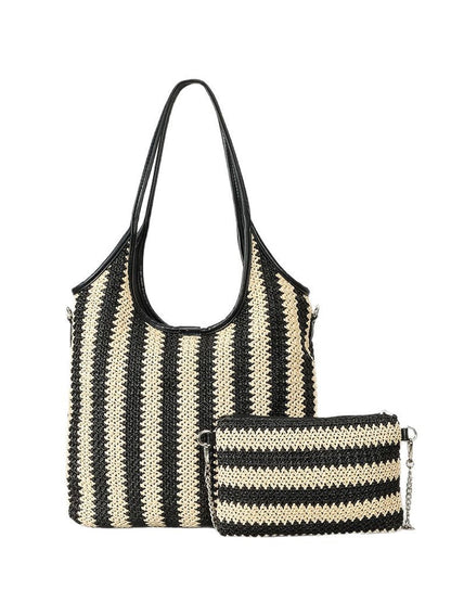 Bolso de Hombro en Paja Tejida con Rayas Contrastantes