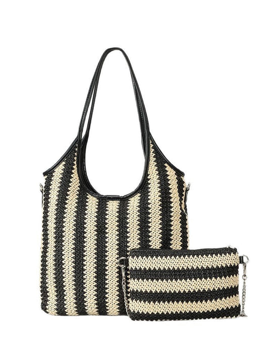 Bolso de Hombro en Paja Tejida con Rayas Contrastantes