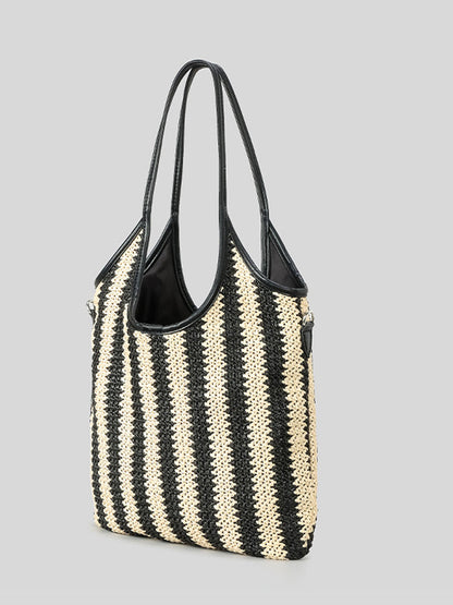 Bolso de Hombro en Paja Tejida con Rayas Contrastantes