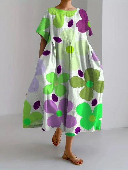 Vestido Floral de Verano Blanco Lino con Manga de Volante