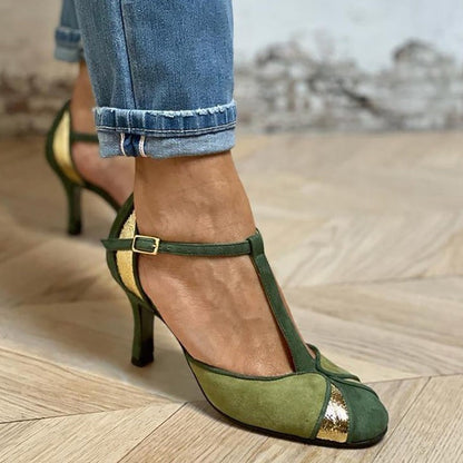 Coralise | Tacones Verdes de Diseño Abierto con Tacón Ancho y Correa al Tobillo