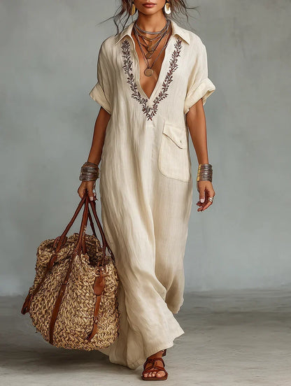 Ginevra | Vestido Camisero Maxi de Lino Bordado