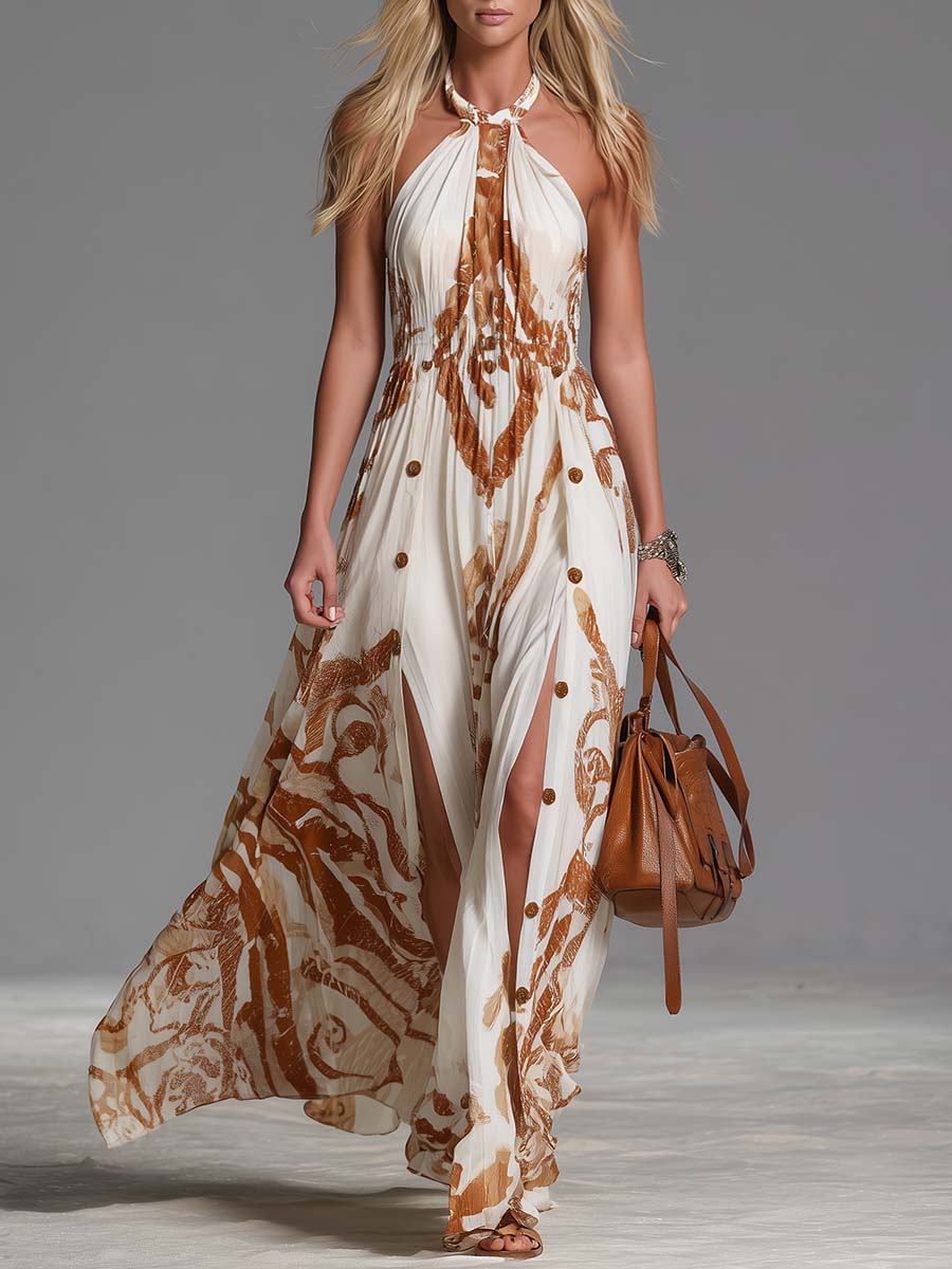 Beatrice | Vestido largo vintage bohemio con escote halter, estampado western marrón sobre gasa marfil, con aberturas