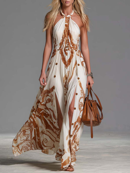 Beatrice | Vestido largo vintage bohemio con escote halter, estampado western marrón sobre gasa marfil, con aberturas