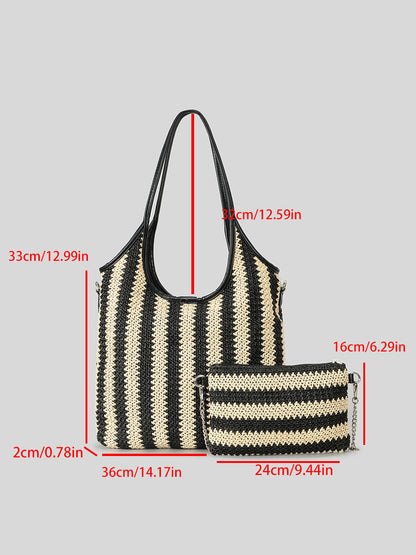 Bolso de Hombro en Paja Tejida con Rayas Contrastantes
