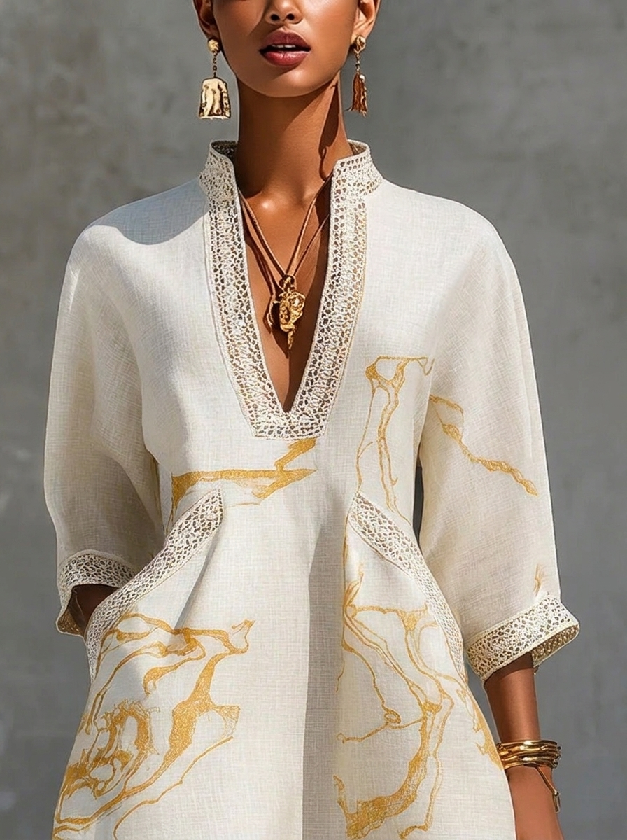 Donatella | Mini vestido blanco con estampado mármol dorado y encaje crochet