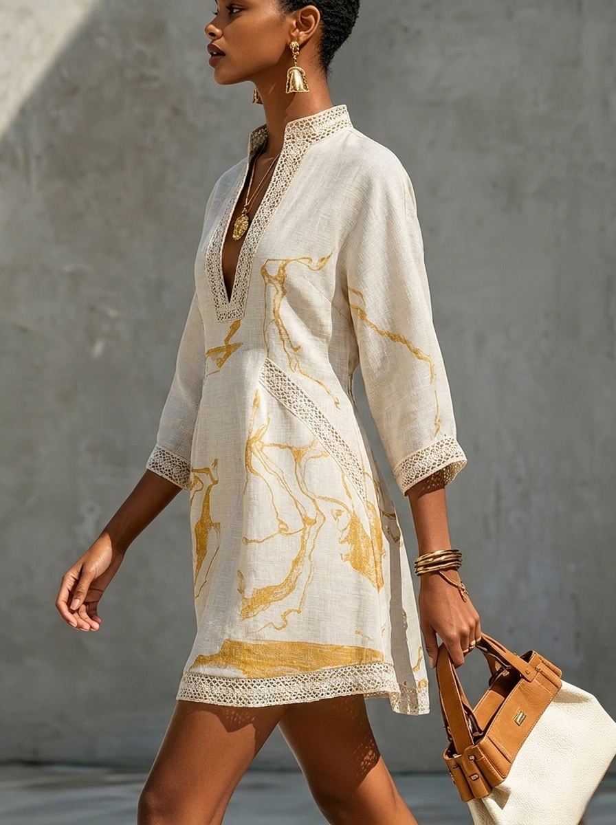 Donatella | Mini vestido blanco con estampado mármol dorado y encaje crochet